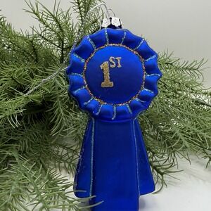Blue Ribbon Glass Ornament First Place Award Christmas Tree Decoration